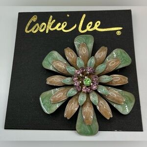 COOKIE LEE GREEN PEACH ENAMEL BROOCH WITH RHINESTONE CENTER